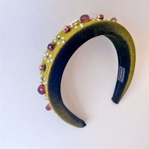 Baroque green padded headband with pearl, gold and jewel embellishments